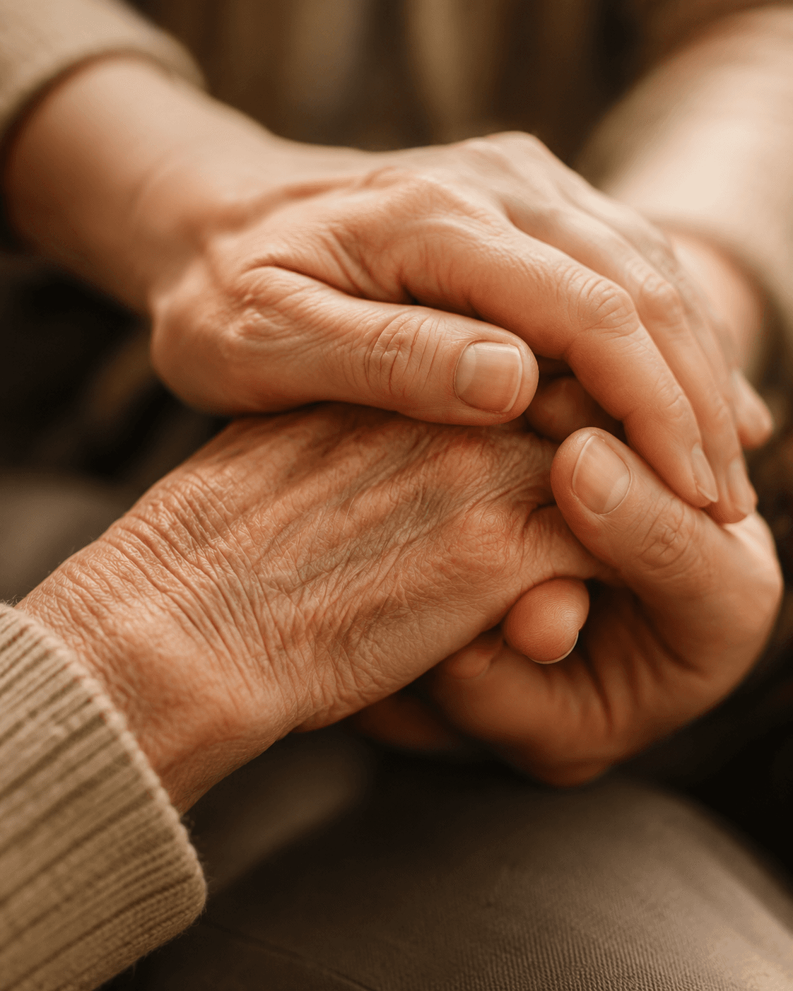 Close-up of elderly hands held gently in another person's hands