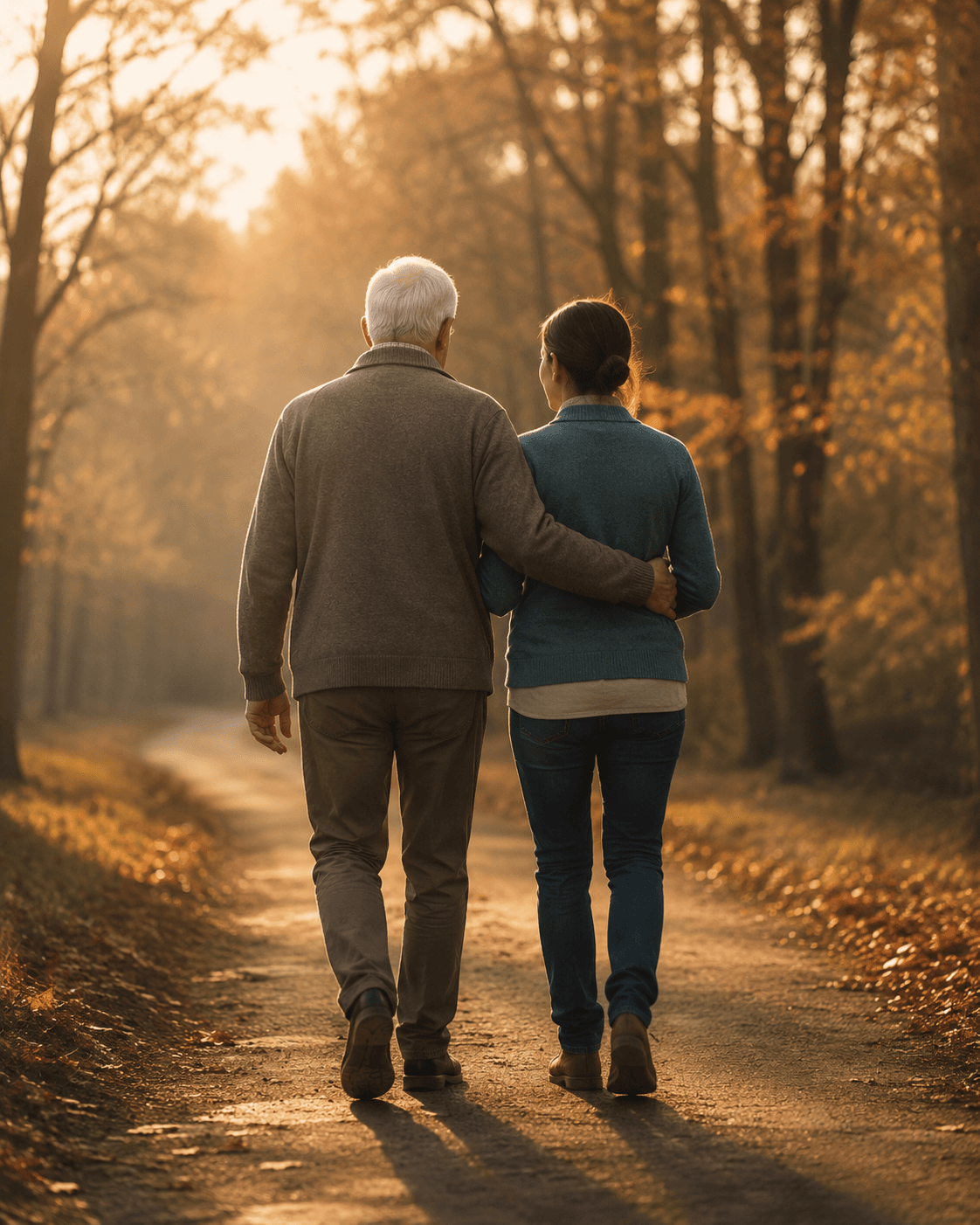 An elderly man and a woman walking arm in arm on a path through autumn trees